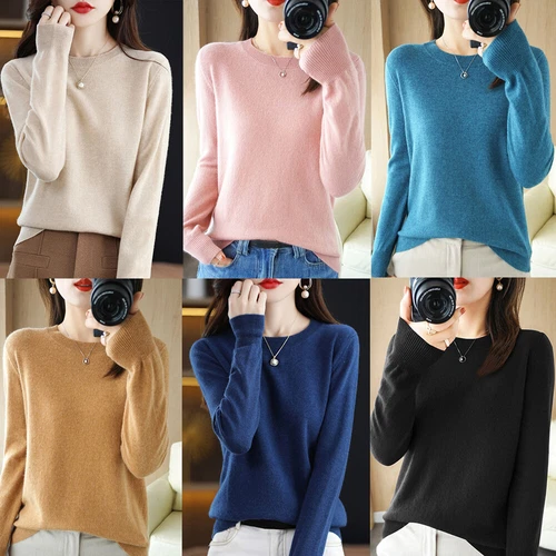 Women Crew Neck Slim Cashmere Jumper Sweater Knitted Tops Wool Pullover Solid - Bild 2 von 30