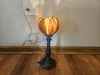 VINTAGE STAINED GLASS TIFFANY STYLE LOTUS FLOWER TABLE LAMP BROWN AMBER