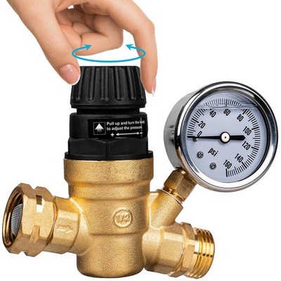 RV Water Pressure Regulator Valve with Gauge & Strainer  LeadFree Brass
