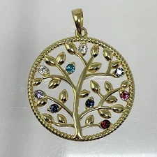 Vintage Gold Tone Sterling Silver 925 Tree Of Life Rainbow Stones Round Pendant