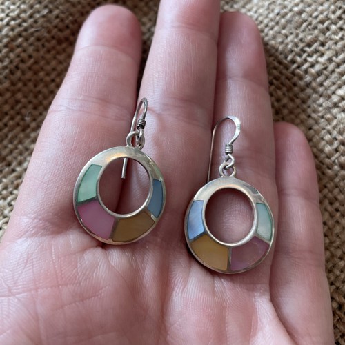 Mother Of Pearl Shell Inlay Sterling Silver Stamped Earrings Dangly Hoop 925 - Picture 3 of 16
