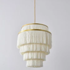 5-Tiered Boho Chandelier 3-Light White Fringe Pendant Hanging Light Fixture,T...