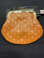Vintage Italian Leather Coin Purse Orange Fleur De Lis Kiss Lock Clutch Italy