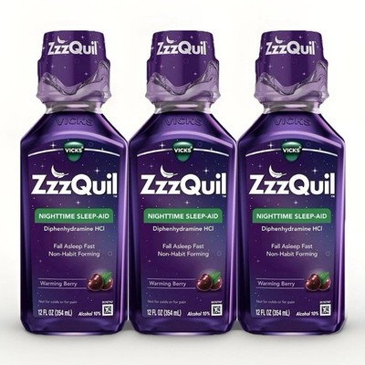 ZzzQuil Nighttime Sleep Aid Liquid 12oz Diphenhydramine Berry 3 Pack