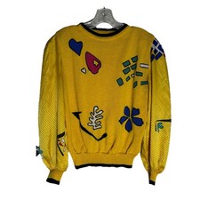80s 90s Jaymee Papell Yellow blue geometric funky Satin Sleeve sweater Size M 2