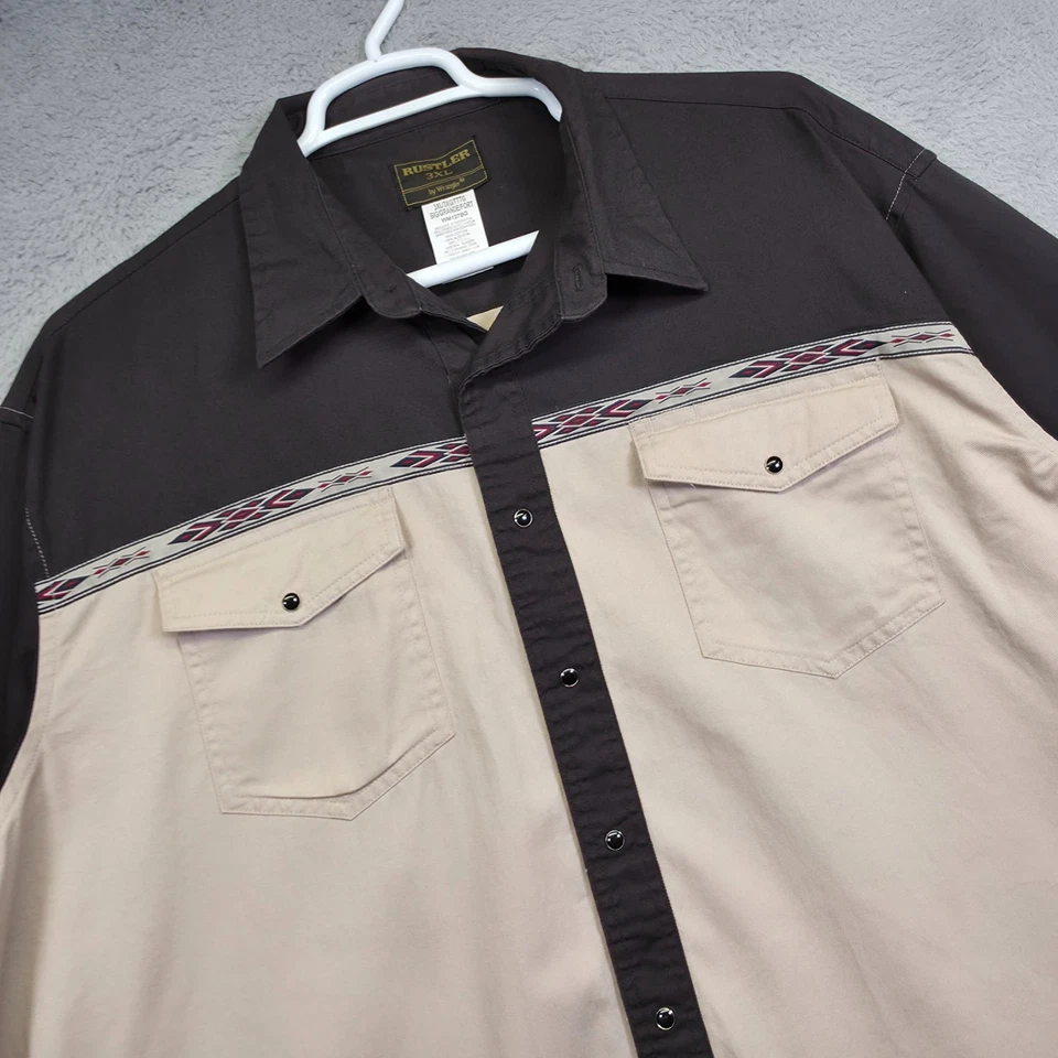 Rustler Wrangler Shirt Mens 3X Big Beige Black Pearl Snap Aztec Western Cowboy - Image 2 of 4