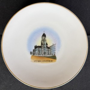 1910 Antique Lewiston Maine City Hall Colored Transfer Porcelain 6 1/4" Plate