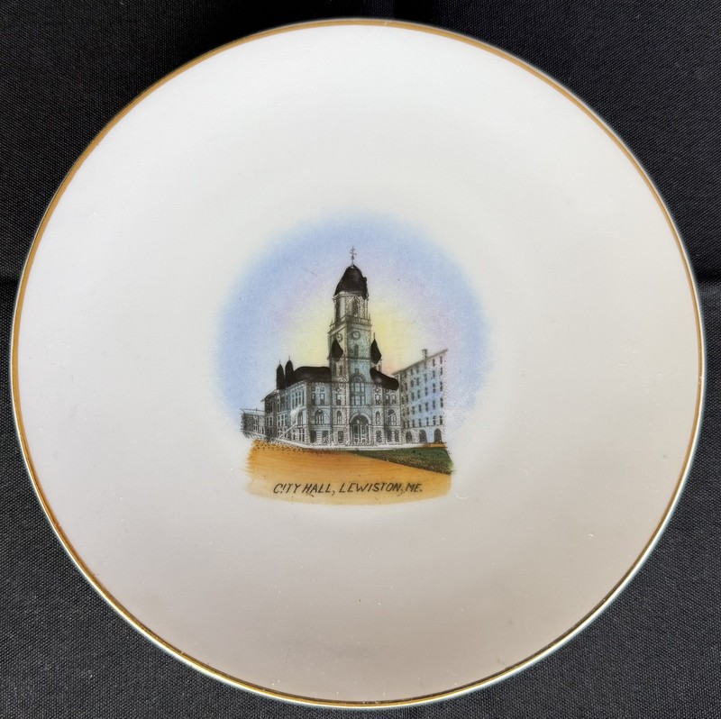 1910 Antique Lewiston Maine City Hall Colored Transfer Porcelain 6 1/4" Plate