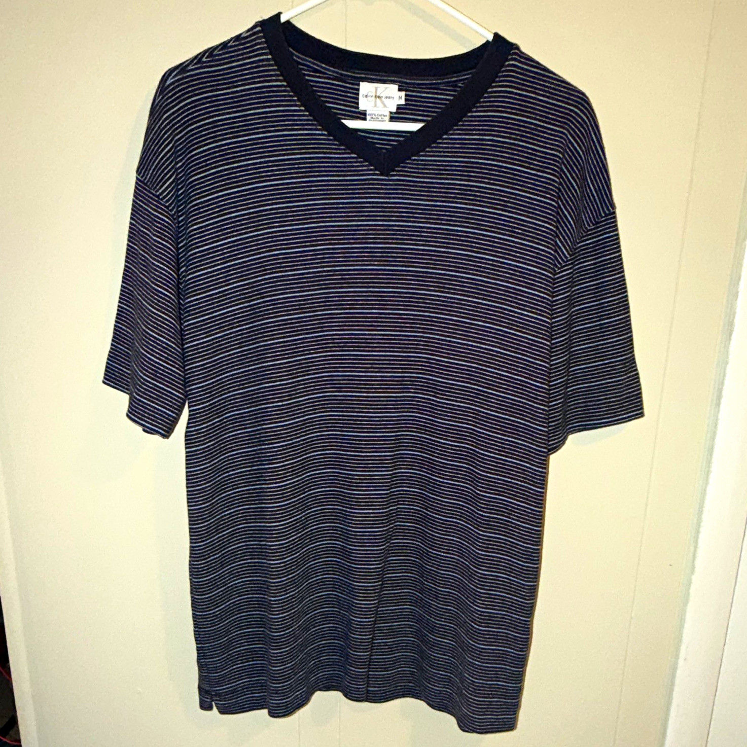 Calvin Klein Jeans, Vintage Calvin Klein Jeans Men's V-Neck Striped Short Sleeve Cotton Knit Tee M