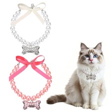 Cat Dog Pearl Collar, Small Bow Shape S, White/Pink, 2Pcs
