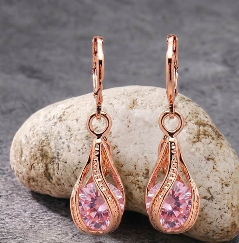 Pink Crystal Teardrop Dangle Earrings Rose Gold Tone Rhinestone Leverback