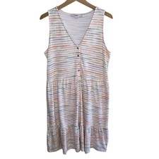 Loft | Colorful Striped Flounce Hem Button V-neck 100% Cotton Dress Size Medium