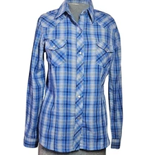 Roper Western Blue Metallic Plaid Snap Front Top Size Small 