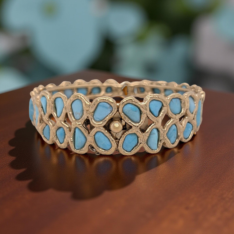 ESTATE STERLING SILVER GOLD OVER TURQUOISE 6.75" HINGED BANGLE BRACELET #7943