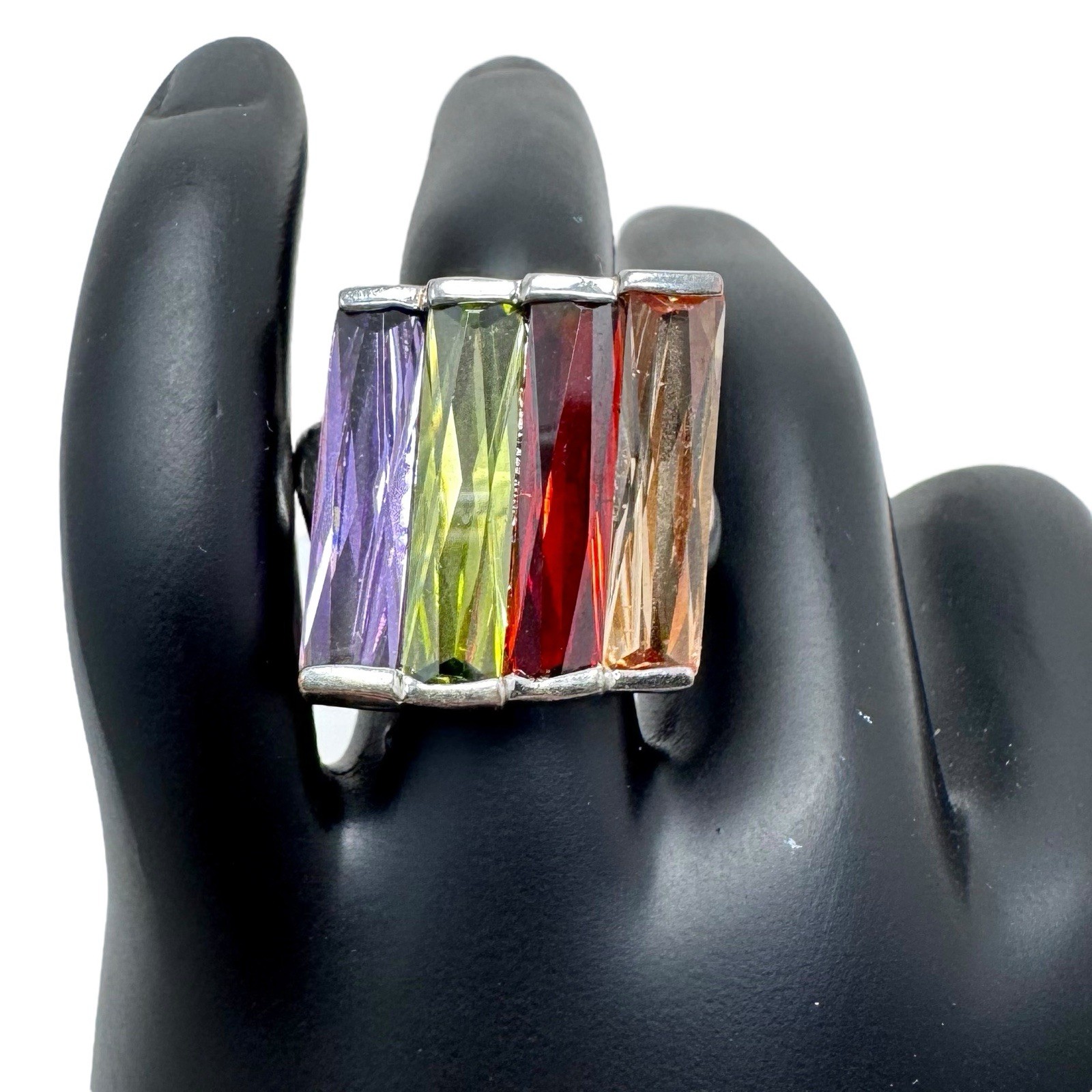 Silver Tone Ring Abstract Step Setting Colorful F… - image 1