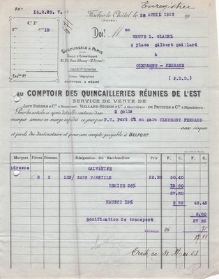 25 FESCHES LE CHATEL wholesaler QUINCAILLERIES EST 1923