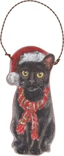 Primitives By Kathy Black Cat with Santa Hat and Scarf Wooden Christmas Ornament