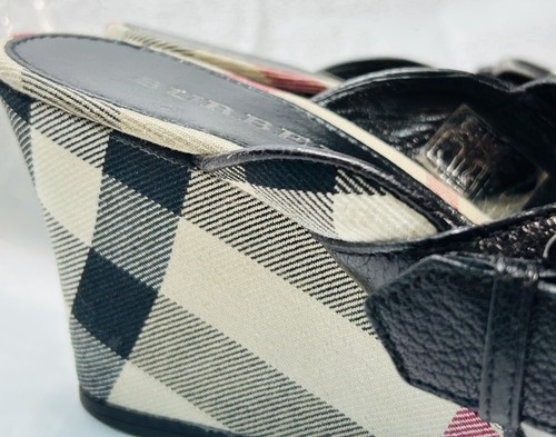 Burberry Nova Check Wedge Sandals Size 37 Plaid Leather Platform Heels Italy - Picture 6 of 21
