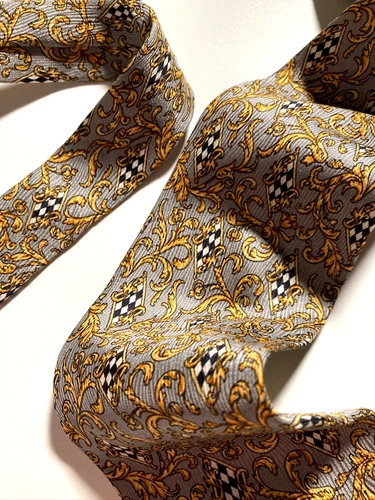 GIANNI VERSACE Vintage '90s Baroque Acanthus Tie Grids Art Nouveau Italy Gray - product listing photo