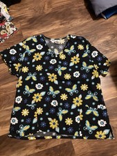 Scrubs Women  s Floral Print V-Neck Medical Scrub Top Woven Cotton XL Black