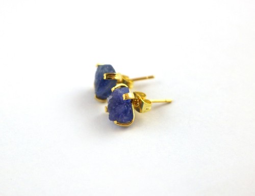 Natural Tanzanite Raw December Birthstone 18k Gold Plated Brass Studs Earrings - Picture 5 of 6