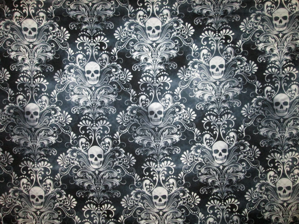 Calaveras elegante calavera de azúcar barroca tela de algodón negro fq  Foto 3 de 4