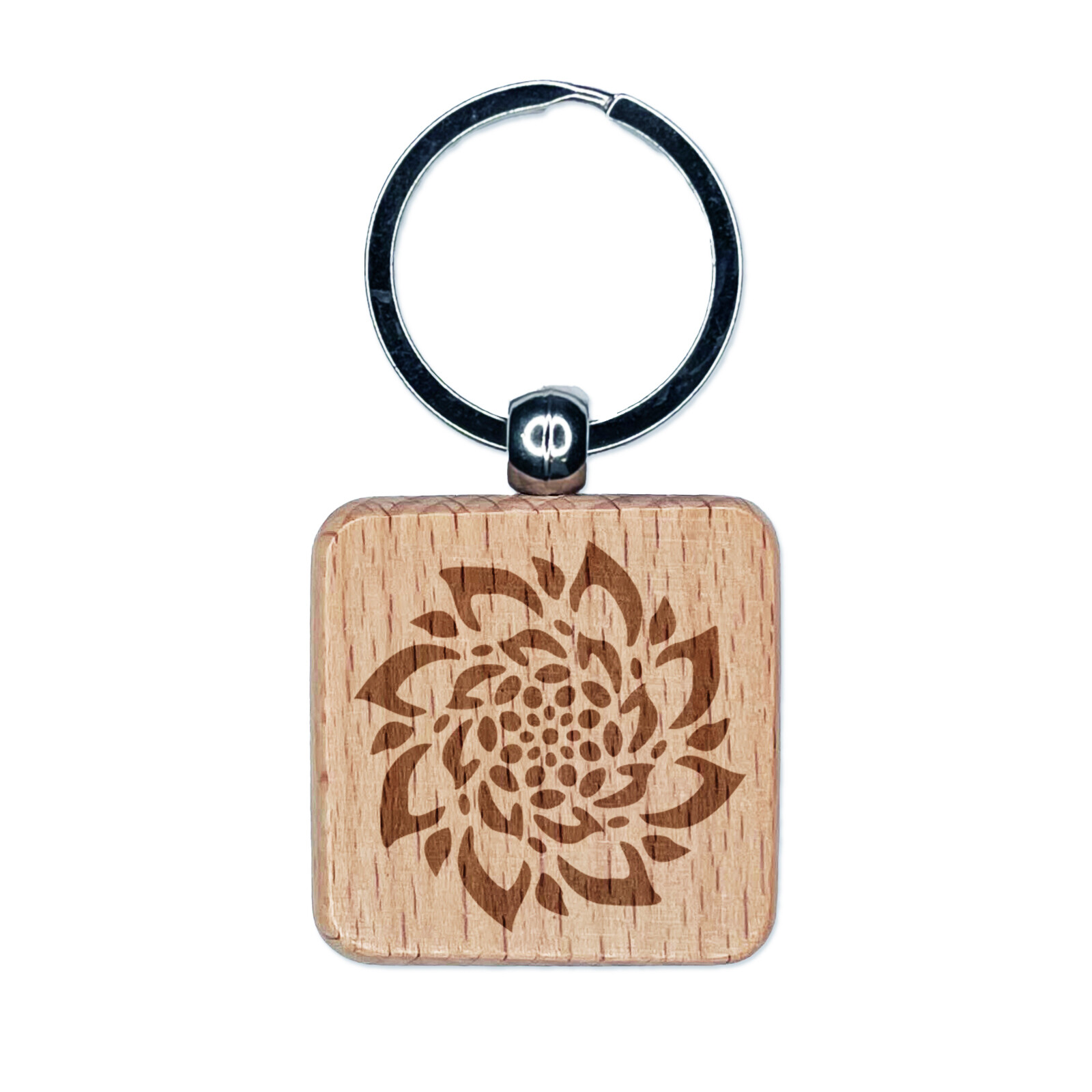 Radial Succulent Flower Spiral Engraved Wood Square Keychain Tag Charm