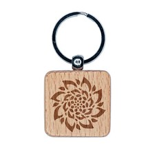 Radial Succulent Flower Spiral Engraved Wood Square Keychain Tag Charm