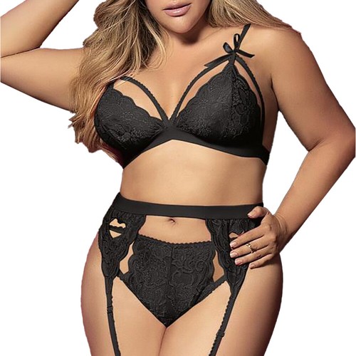 Plus Size Women Sexy Lingerie Bra + Panties + Garter Set Lace Underwear Babydoll - Picture 3 of 3