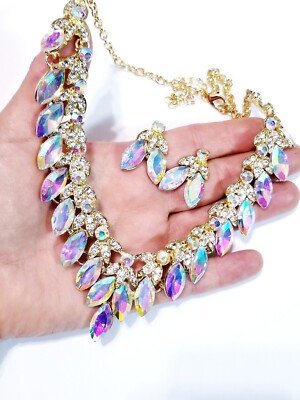 AB Iridescent Crystal Choker Rhinestone Necklace Earring Set Bridal Prom  Pageant