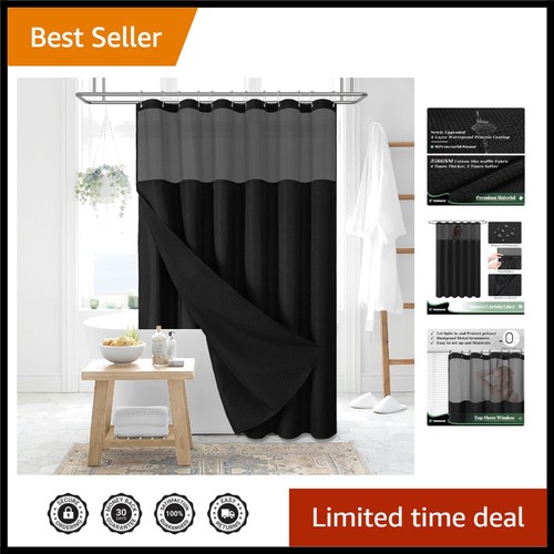 Luxury Black Waffle Shower Curtain with Snap Liner and Hooks, Machine Washable