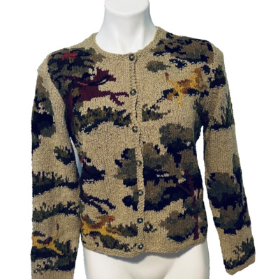 Vtg 90s David Brooks Fox Hunt Cardigan Sweater Medium Silk Knit Horse Dog