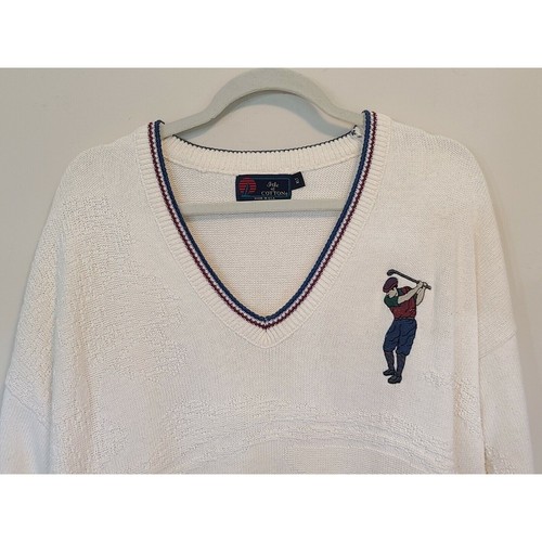 Vintage Isle Of Cotton Golf Sweater V-Neck Embroidered Textured Print XLT USA - Picture 4 of 12