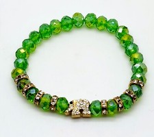 Handmade Bohemian green beaded gold bead elephant charm Stretch fashion bracelet