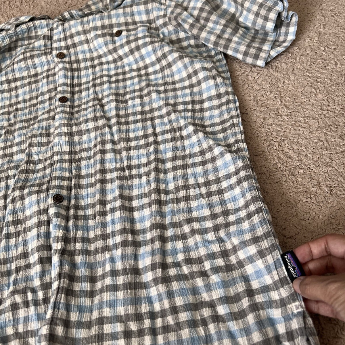 03年製 Patagonia Plaid Short Sleeve Shirt Patagonia Tan Plaid Short Sleeve Shirt Organic Cotton Mens