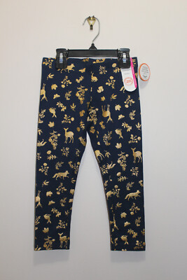 WONDER NATION GIRLS LEGGINGS FOREST ANIMALS PLANTS NAVY BLUE GOLD SIZE XS (4-5)