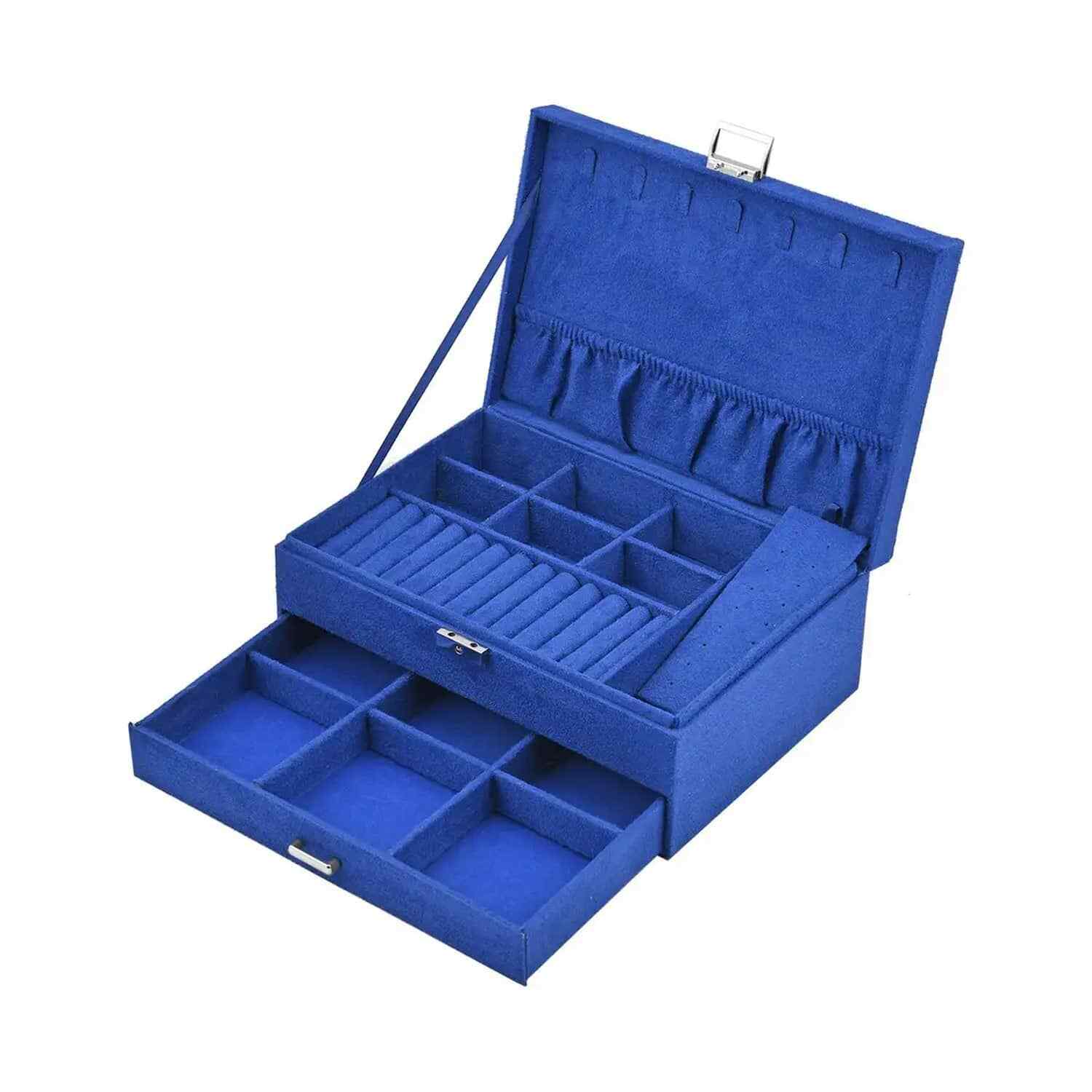 Blue Velvet 2 Tier Anti Tarnish Scratch Resistant Jewelry Box with Lock