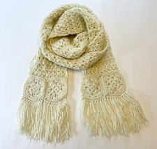 Vintage Betmar New York Woman  s Cream Knit Scarf Granny Square  Fringe 6  x 78  