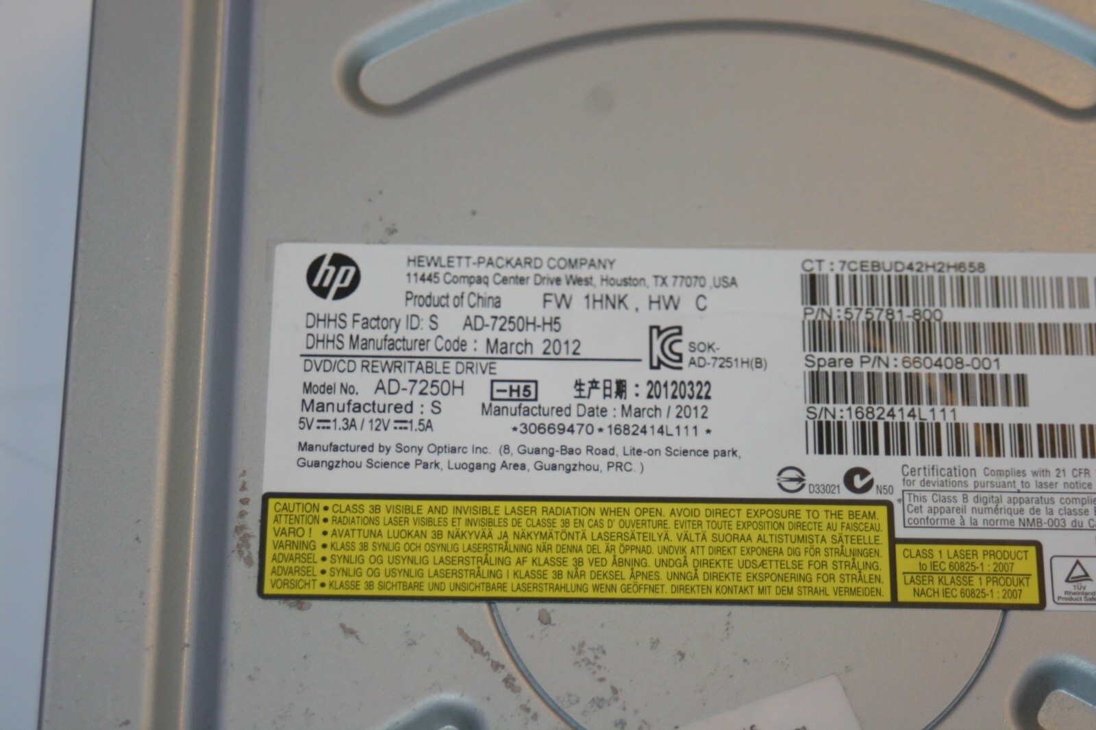 HP SATA DVD Rewritable PC Computer Drive Rewriter Ad-7250h-h5 for sale ...