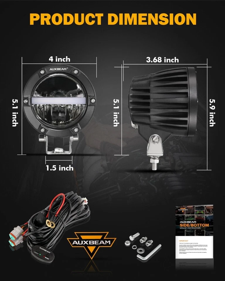 Luz de trabalho LED AUUXBEAM 4" polegadas neblina de direção offroad para caminhão Kenworth Peterbilt - Imagem 3 de 4