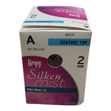 2-Pair L'eggs Silken Mist Size A Jet Black 95576 Control Top Silky Sheer Leg