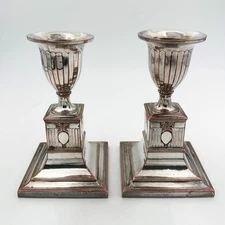 RARE PAIR DWARF PEDESTAL CANDLESTICKS OLD SHEFFIELD PLATE GEORGE III c1785