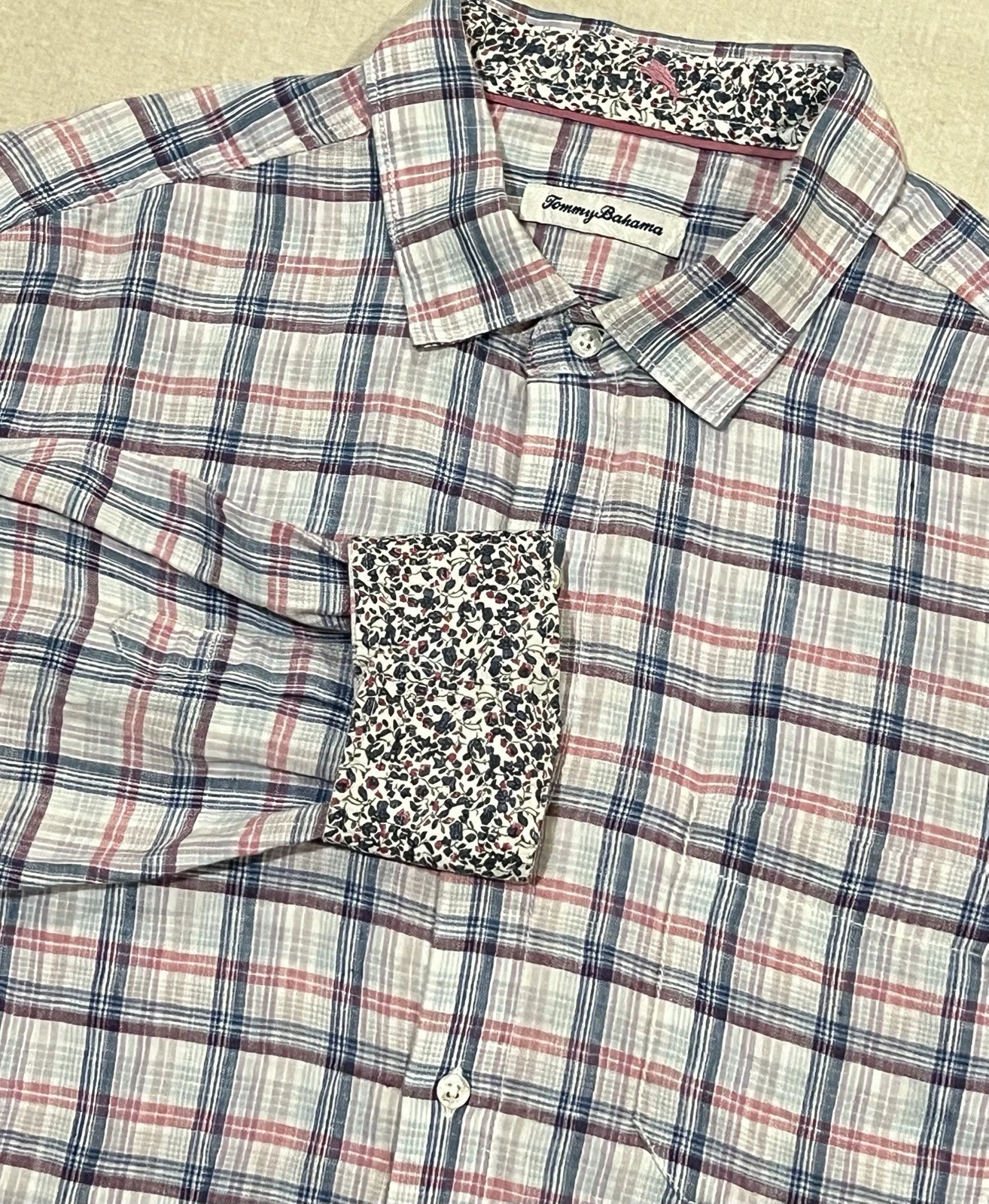 Tommy Bahama Linen Shirt Pink Blue Plaid Flip Cuff Button Up Long Sleeve Large
