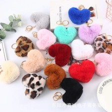 Heart Plush Hair Ball Keychain Leopard Pompom Bag Charm Pendant for Women