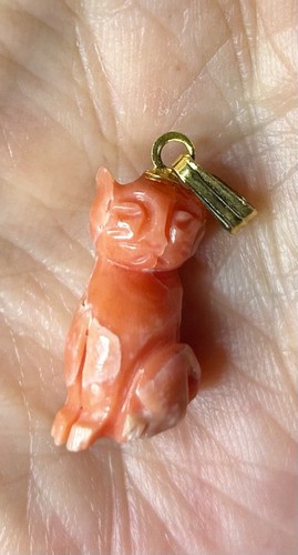 Vintage Carved Coral Cat Pendant 10k gold bail
