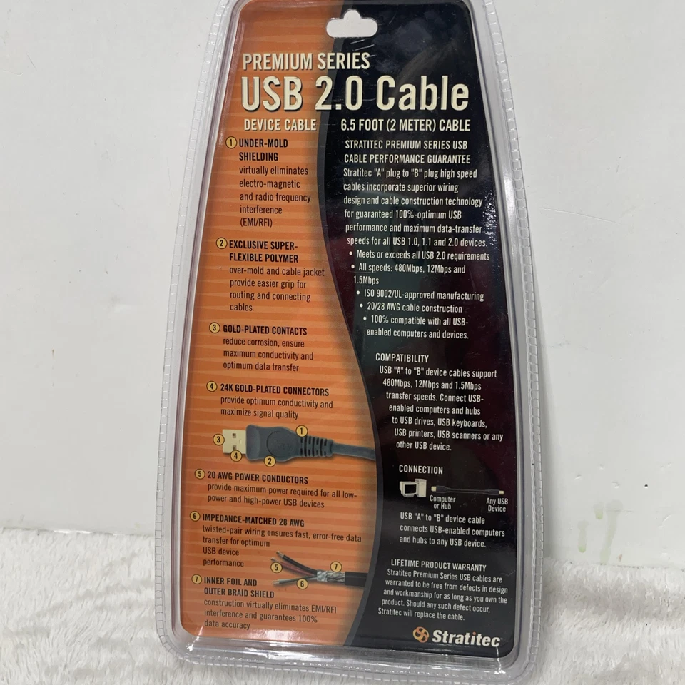 Stratitec Premium Series 6.5 Feet USB 2.0 24K Gold Connectors - High Speed Cable - Image 2 of 3