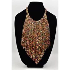 Vintage Rainbow Beaded Bib Statement Necklace Fringe Collar Colorful 70s BinA17