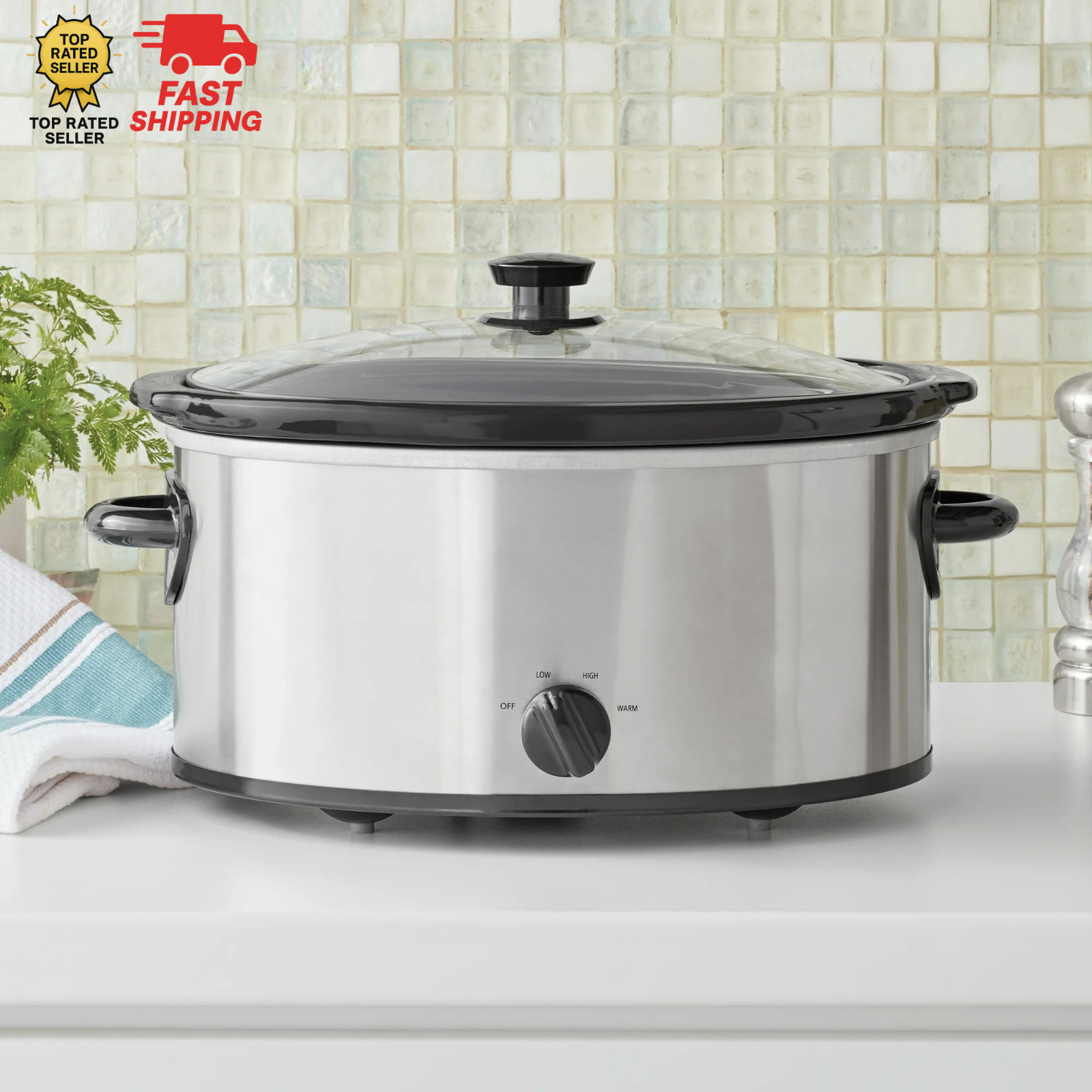 Mainstays 6 Quart Oval Slow Cooker, Stainless Steel Finish, Glass Lid