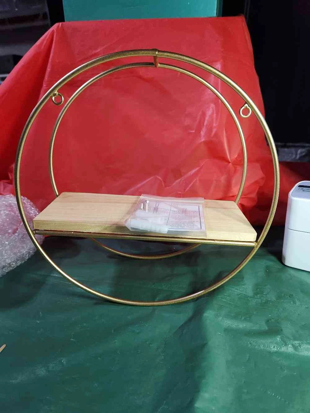 Gold Metal Round Shelf Wood Floating Display Decor