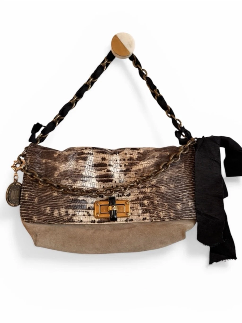 Lanvin — LANVIN black & gray Lizard leather Shoulder Bag with Chain Accent snake print
